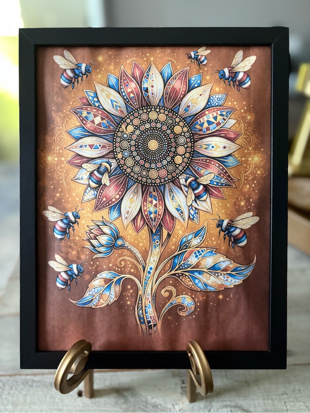 Sunflower Bee Framed Patriotic 8x10Art Print